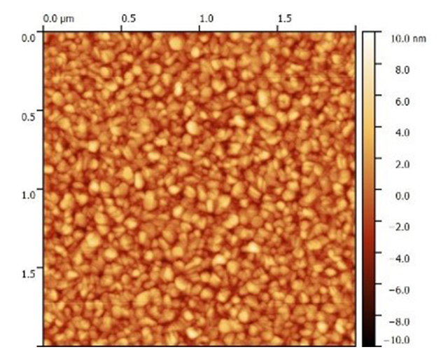 AFM image of the surface of the astronomy mirror to evaluate the roughness of the mirror coating. The roughness values exhibit only a low level with Ra =1.63 nm and Rq = 2.02 nm. The grain size of the silver crystallites reaches a maximum of 100 nm. The grain/structure size thereby lies below the wavelengths observed with the mirror and, as a result, there is no undesired light scattering during the reflectance.