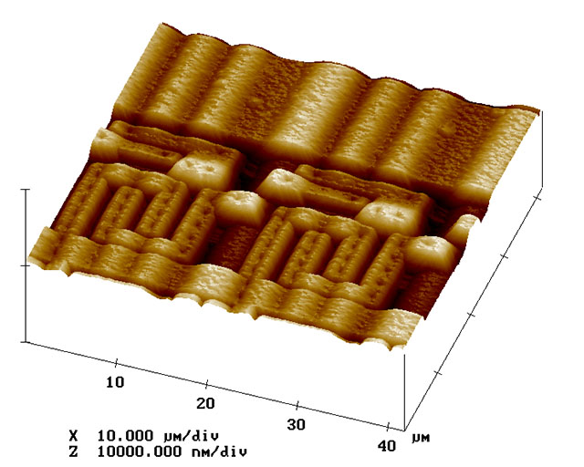 3D-Aufnahme der Oberfläche eines elektronischen Mikrochips.