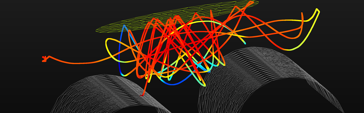 Darstellung der Entwicklung der Ladung Q eines Teilchens in PALADIN. Sichtbar sind die Targets (grau, mittig) und das Substrat (gelb, oben) der EOSS&lt;sup&gt;®&lt;/sup&gt;. 