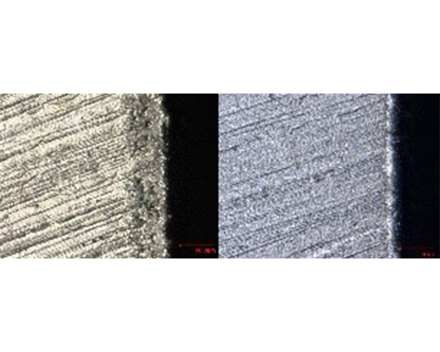 Schneidmesserkanten durch ein Lichtmikroskop betrachtet: Lichtmikroskop-Bilder (1000x) der Schneidmesserkanten nach 10 000 Schnitten; GFK-Tape unbeschichtet (links) und beschichtet (rechts). 