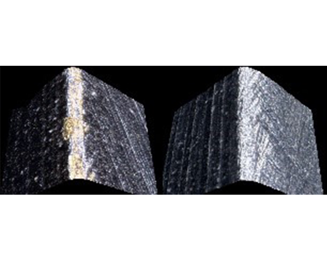 Links: Lichtmikroskop-Bilder (1000x) beschichteter Stempelkanten nach 1000 Schnitten; GFK-Organoblech: Beschichtung mit Ablösung;  Rechts: Geeignete Beschichtung.