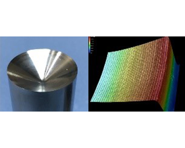 Abbildung von Stempel und Schneide unter dem Lichtmikroskop. Links: Stempel; Rechts: Lichtmikroskop-3D-Bild (100x) der Schneide in Farben-Höhen-Darstellung.