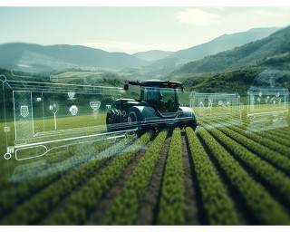 KI-Datenanalysesymbole zur Steigerung der Effizienz in der futuristischen Landwirtschaft, digitalisiertes umweltfreundliches und nachhaltiges Erntekonzept.