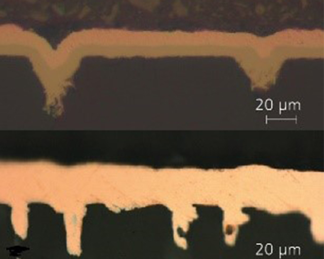 Der Querschliff zeigt den Unterschied zwischen der Laservorbehandlung (oben) und der konventionellen chemischen Vorbehandlung (unten).