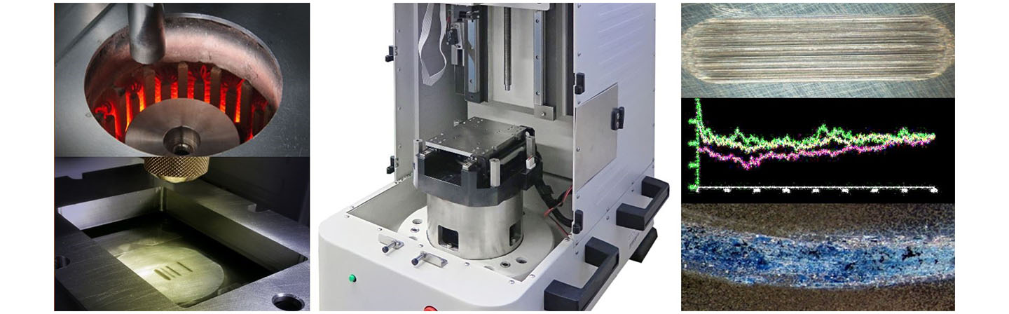 High load tribometer with up to 1000°C heating chamber.