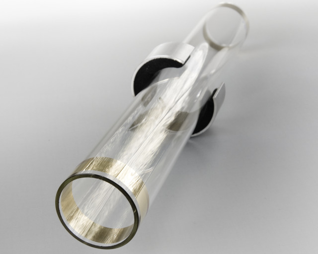 Glass tube of the BASF group with transparent ITO heat conducting coating. Application: Heating of distillation of chemical processing.
