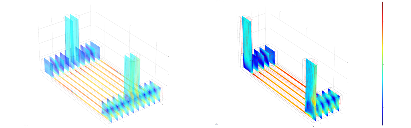 Simulation of water flow in an electrochemical cell.