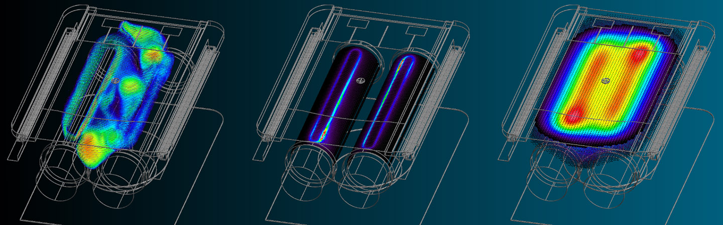 Plasma simulation of a sputtering process with double tube targets (left), extraction of the erosion profiles on the targets (middle) and simulation of the coating current density on the substrate (right).