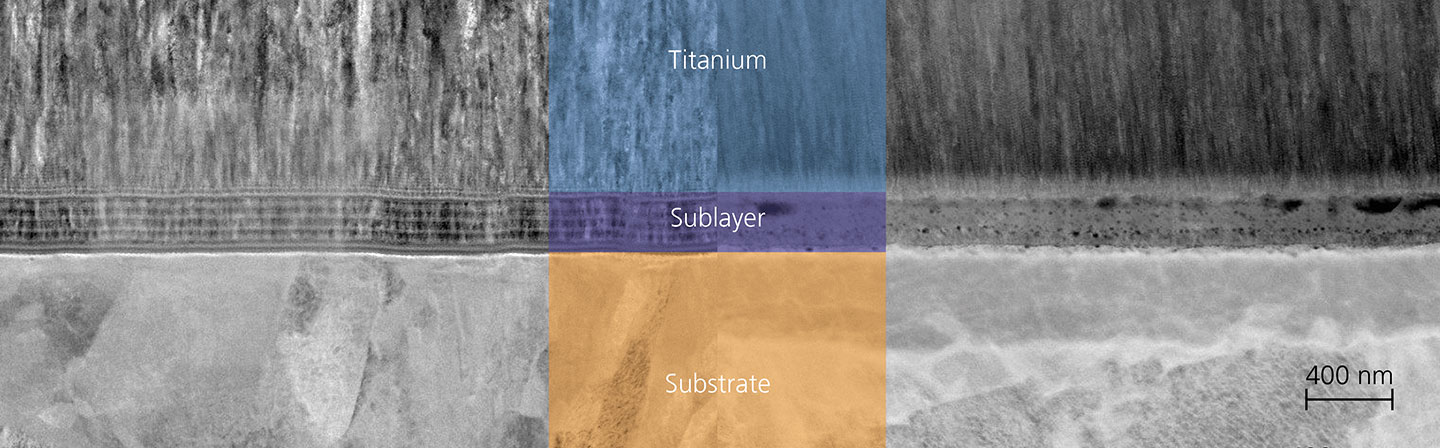 FIB specimen of the TiAlN layer before (left) and after (right) electron beam treatment.