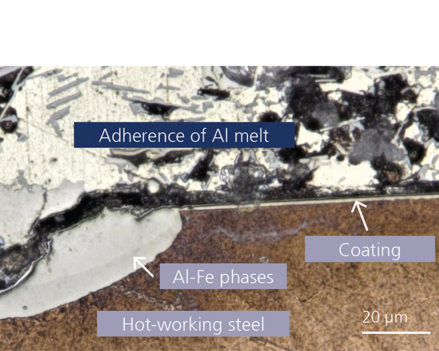 Microscope image of the chemical attack by melt on an aluminum die-casting tool.