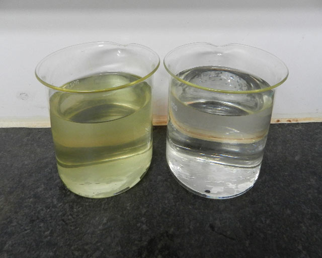 The water before treatment (left) and after (right).
