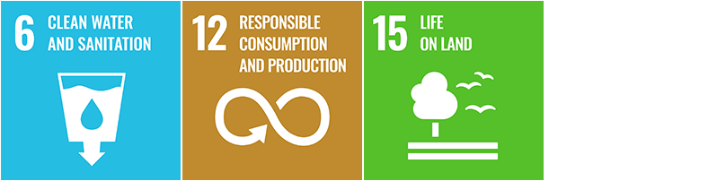 The Sustainable Development Goals (SDG) 6, 12 and 15 of the United Nations: Clean water and sanitation, responsible consumption and production, life on land.