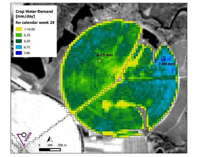 A color-coded map shows the water requirements of plants in millimeters per day for calendar week 29. The different colors represent different water requirements, with blue indicating lower requirements (≤6 mm) and yellow indicating higher requirements (7 mm). Some areas are labeled with specific values such as 6.25 mm and 7.00 mm. There is a compass rose in the lower left corner.