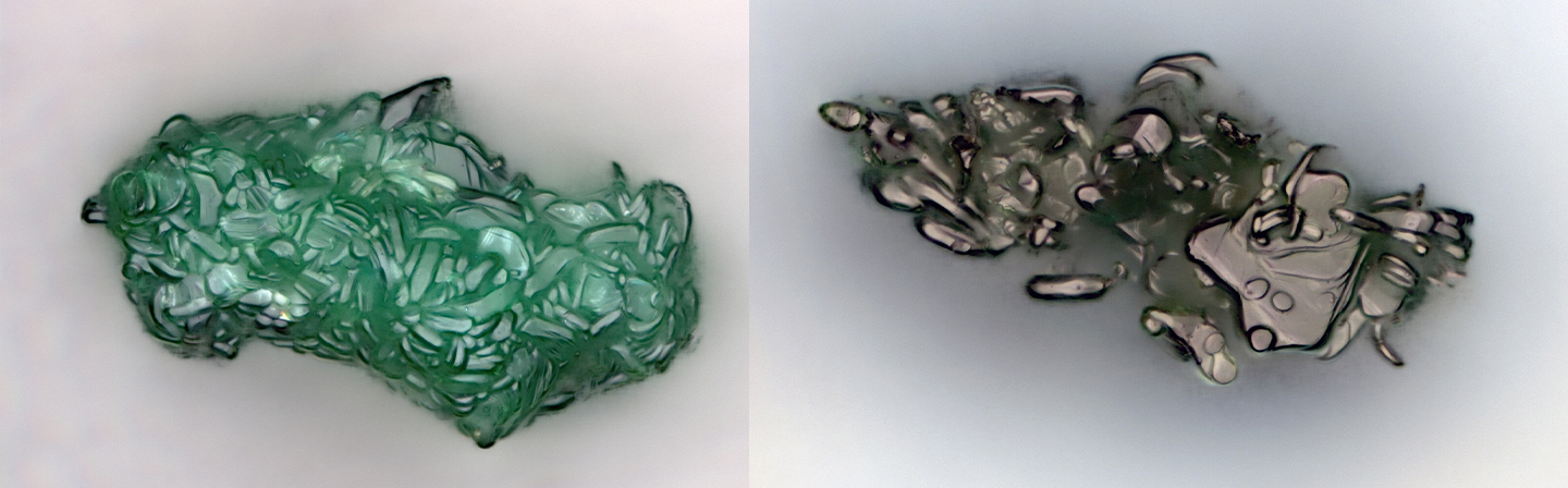 Microscope image of a battery active material before (left) and after (right) plasma coating with carbon. 