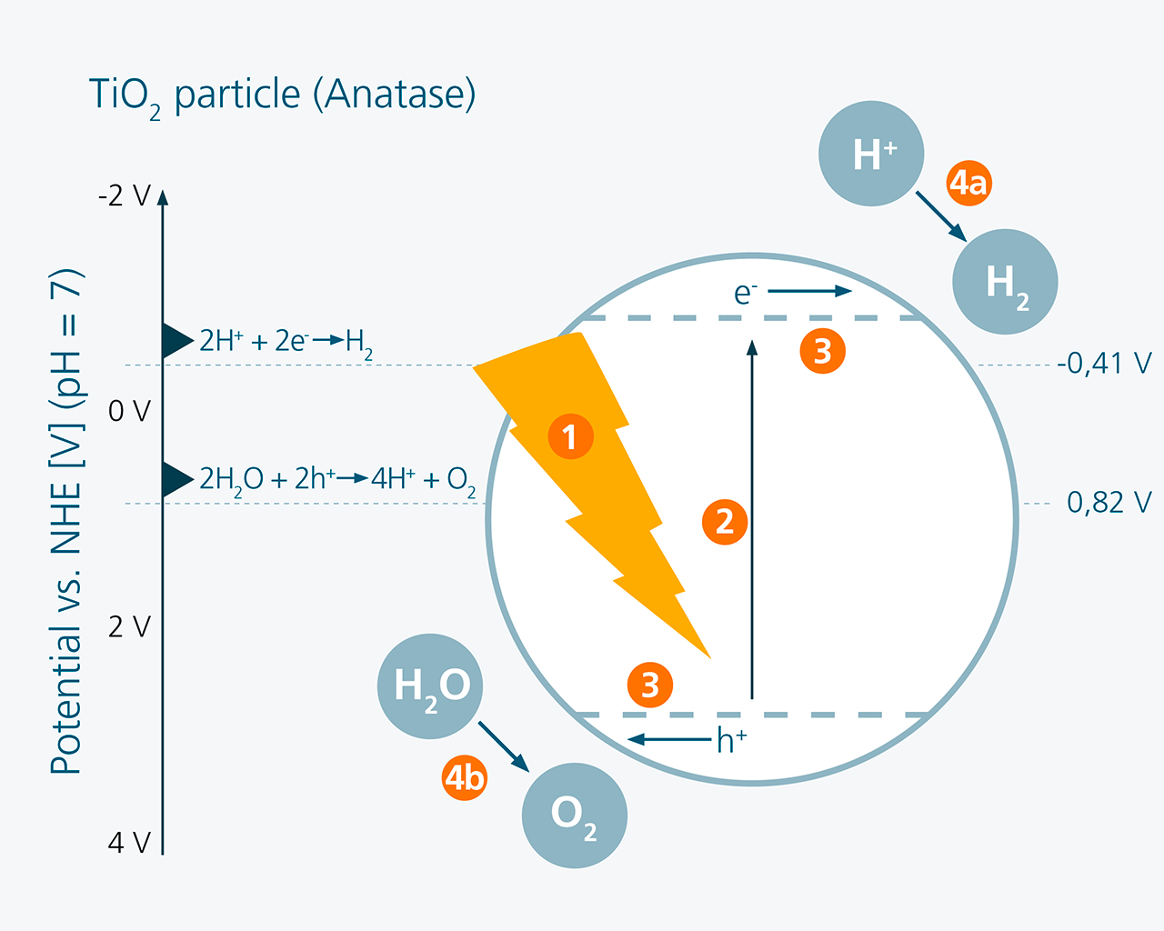 Schematic representation of the processes occurring during water splitting on a semiconducting particle (1 - 4).